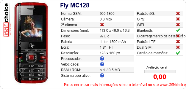 Fly MC128 Especificações técnicas do telemóvel 