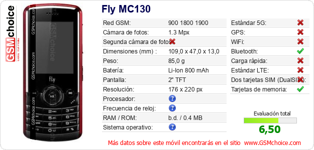Fly MC130 Datos técnicos del móvil Fly MC130 Datos técnicos del móvil