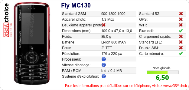 Fly MC130 Fiche technique