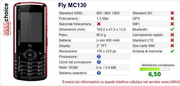 Fly MC130 Dati tecnici di telefono cellulare 
