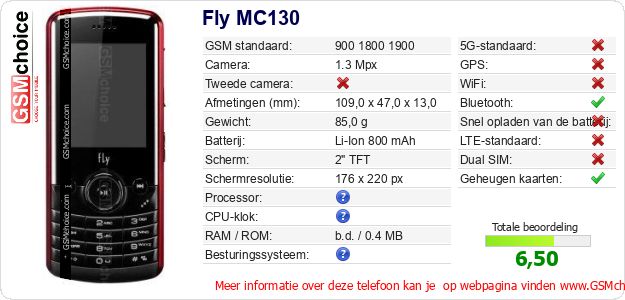 Fly MC130 Technische gegevens 