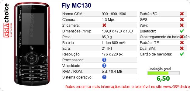 Fly MC130 Especificações técnicas do telemóvel Fly MC130 Especificações técnicas do telemóvel