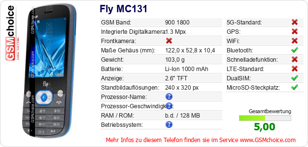 Fly MC131 technische Daten Fly MC131 technische Daten