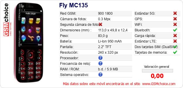 Fly MC135 Datos técnicos del móvil 