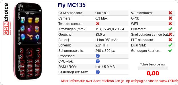 Fly MC135 Technische gegevens 