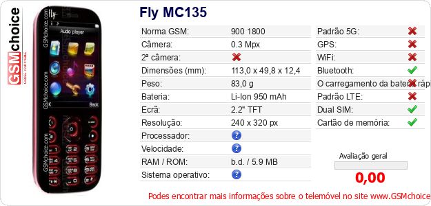 Fly MC135 Especificações técnicas do telemóvel 
