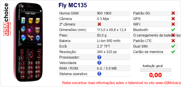 Fly MC135 Especificações técnicas do telemóvel Fly MC135 Especificações técnicas do telemóvel