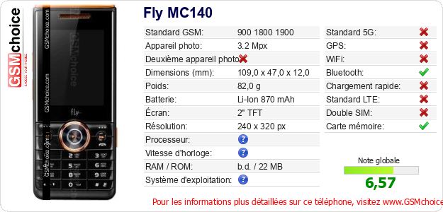 Fly MC140 Fiche technique Fly MC140 Fiche technique