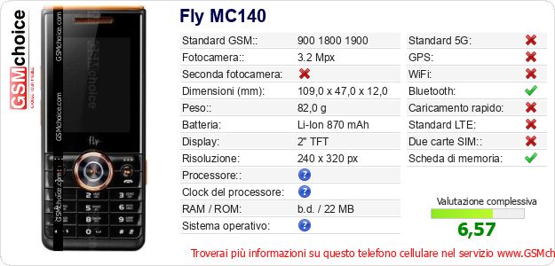 Fly MC140 Dati tecnici di telefono cellulare 