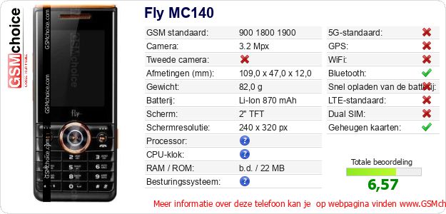 Fly MC140 Technische gegevens Fly MC140 Technische gegevens