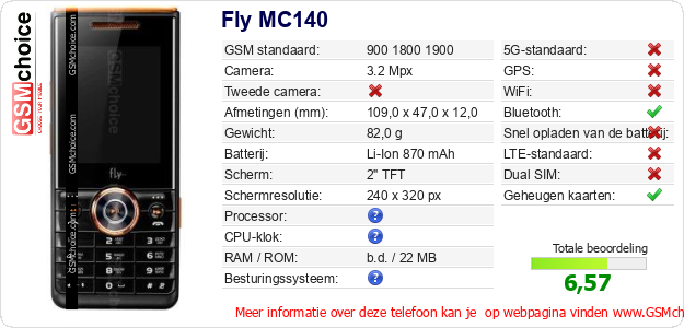 Fly MC140 Technische gegevens 