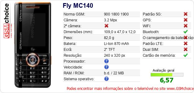 Fly MC140 Especificações técnicas do telemóvel 