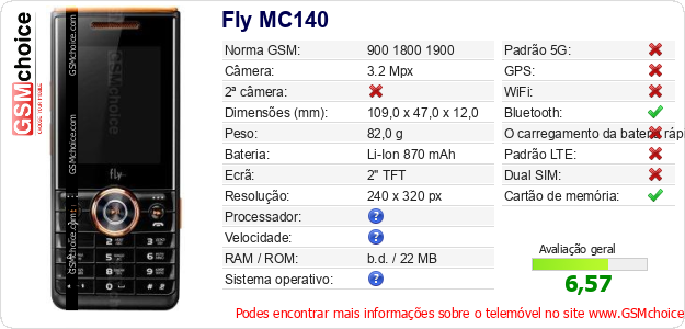 Fly MC140 Especificações técnicas do telemóvel 