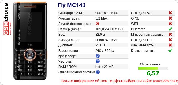 Fly MC140 Технические данные телефона Fly MC140 Технические данные телефона