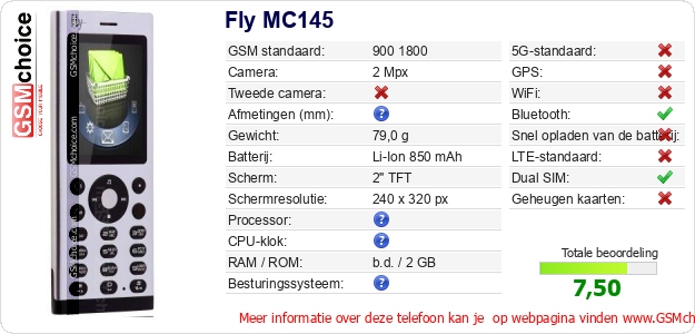 Fly MC145 Technische gegevens Fly MC145 Technische gegevens