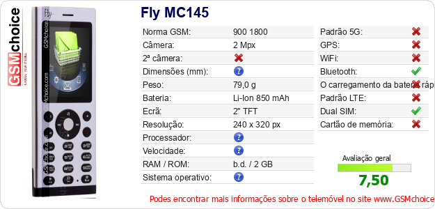 Fly MC145 Especificações técnicas do telemóvel 