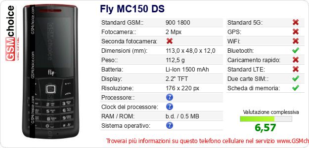 Fly MC150 DS Dati tecnici di telefono cellulare 
