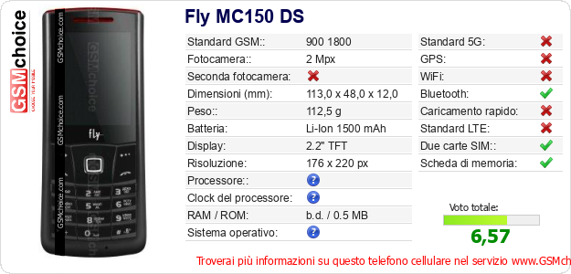 Fly MC150 DS Dati tecnici di telefono cellulare 