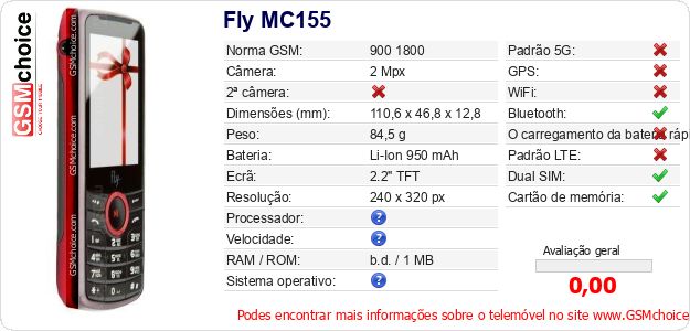 Fly MC155 Especificações técnicas do telemóvel 