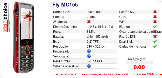 Fly MC155 Especificações técnicas do telemóvel Fly MC155 Especificações técnicas do telemóvel