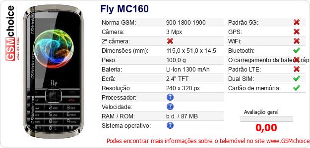 Fly MC160 Especificações técnicas do telemóvel Fly MC160 Especificações técnicas do telemóvel