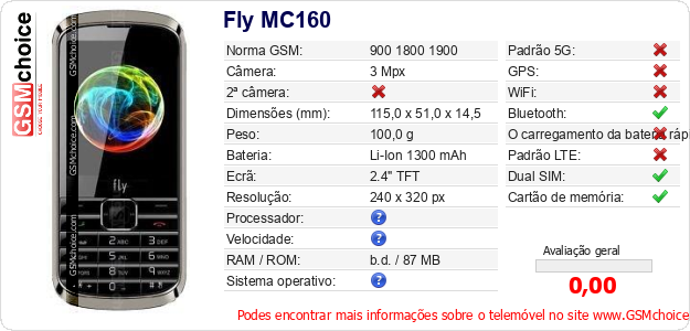 Fly MC160 Especificações técnicas do telemóvel 