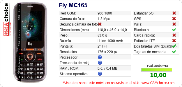 Fly MC165 Datos técnicos del móvil 