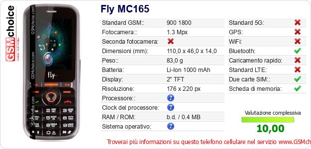 Fly MC165 Dati tecnici di telefono cellulare Fly MC165 Dati tecnici di telefono cellulare