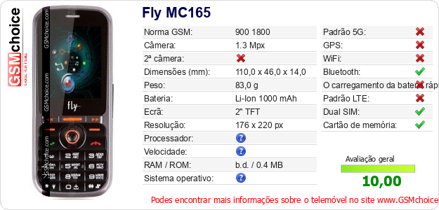 Fly MC165 Especificações técnicas do telemóvel 
