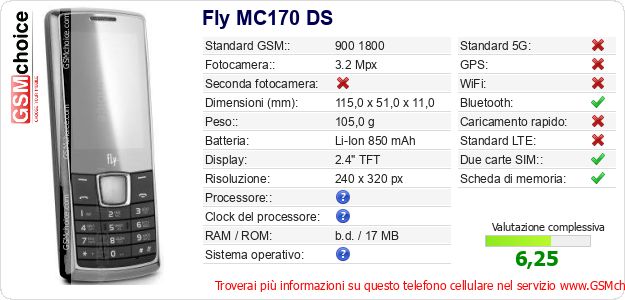 Fly MC170 DS Dati tecnici di telefono cellulare Fly MC170 DS Dati tecnici di telefono cellulare