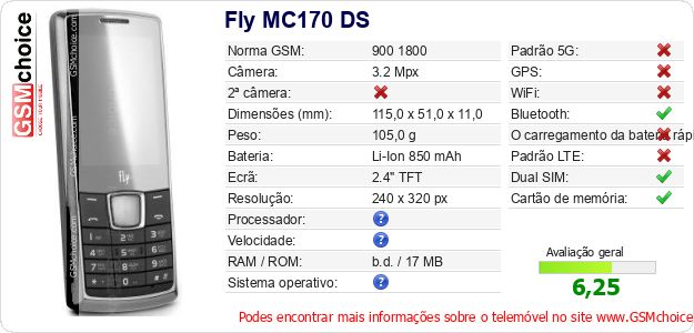 Fly MC170 DS Especificações técnicas do telemóvel 