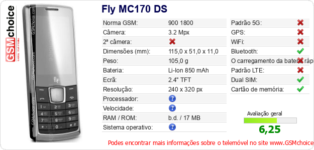 Fly MC170 DS Especificações técnicas do telemóvel 