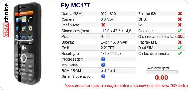 Fly MC177 Especificações técnicas do telemóvel 