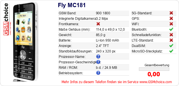 Fly MC181 technische Daten Fly MC181 technische Daten