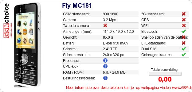 Fly MC181 Technische gegevens Fly MC181 Technische gegevens