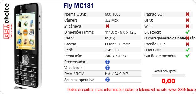 Fly MC181 Especificações técnicas do telemóvel Fly MC181 Especificações técnicas do telemóvel