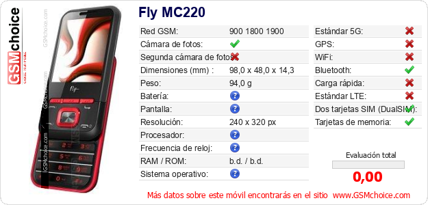 Fly MC220 Datos técnicos del móvil Fly MC220 Datos técnicos del móvil