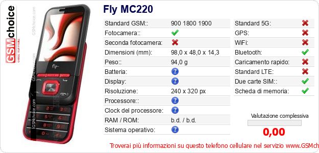 Fly MC220 Dati tecnici di telefono cellulare 