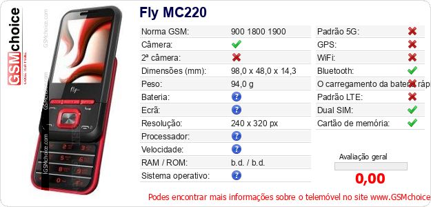 Fly MC220 Especificações técnicas do telemóvel Fly MC220 Especificações técnicas do telemóvel