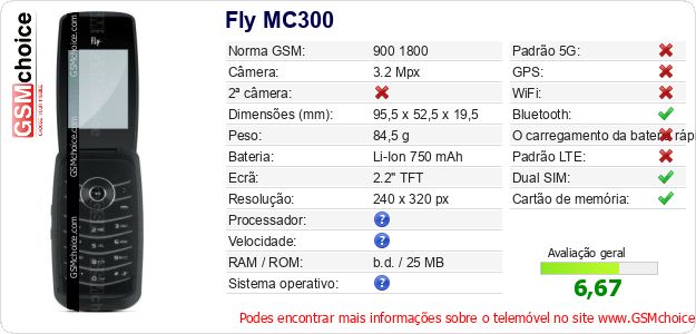 Fly MC300 Especificações técnicas do telemóvel 