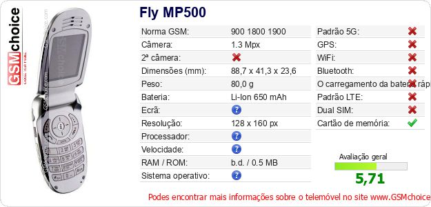 Fly MP500 Especificações técnicas do telemóvel Fly MP500 Especificações técnicas do telemóvel