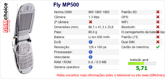 Fly MP500 Especificações técnicas do telemóvel 