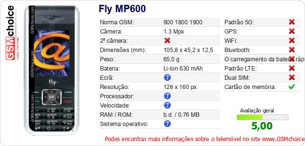 Fly MP600 Especificações técnicas do telemóvel 