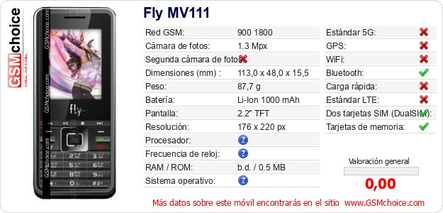 Fly MV111 Datos técnicos del móvil Fly MV111 Datos técnicos del móvil