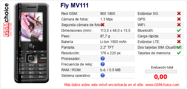 Fly MV111 Datos técnicos del móvil Fly MV111 Datos técnicos del móvil