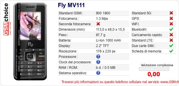 Fly MV111 Dati tecnici di telefono cellulare Fly MV111 Dati tecnici di telefono cellulare