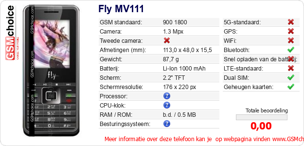 Fly MV111 Technische gegevens Fly MV111 Technische gegevens