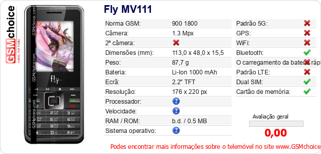 Fly MV111 Especificações técnicas do telemóvel 