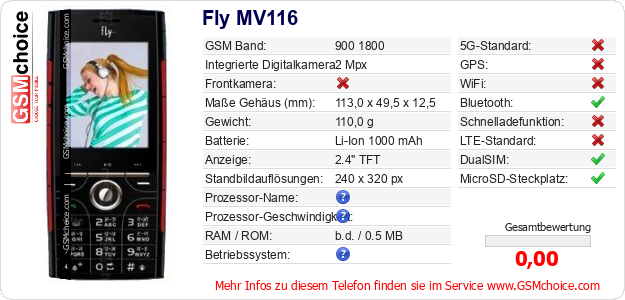 Fly MV116 technische Daten Fly MV116 technische Daten