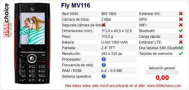 Fly MV116 Datos técnicos del móvil 